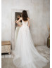 Cap Sleeves Ivory Lace Tulle Pearl Buttons Back Wedding Dress